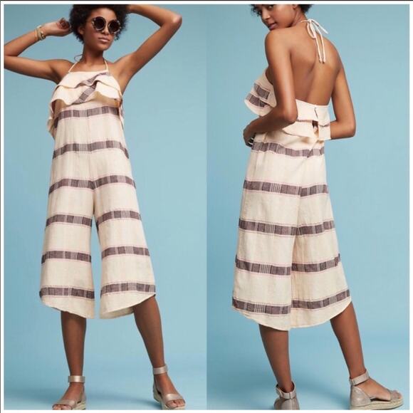 Anthropologie Marina Halter Ruffle Jumpsuit Wide Leg Size M Striped Tiered Pink - Picture 1 of 9